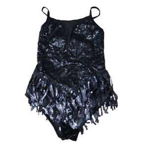 IEFiel Women's Size Small Black Sequin Fringe Mesh Panel Dance Leotard
